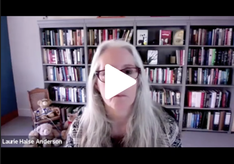 Screenshot of clip of Laurie Halse Anderson speaking at the announcement of the Penguin Random House lawsuit against SF 496