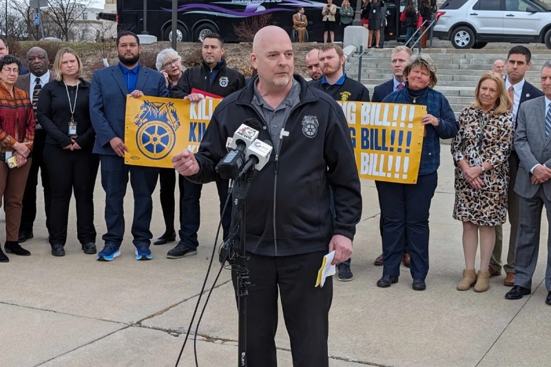 Jesse Case, secretary-treasurer of Teamsters Local 238, speaks at rally outside the Iowa Capitol to oppose an Iowa Senate union-busting bill on Wednesday, Feb. 21. (Ty Rushing/Iowa Starting Line)