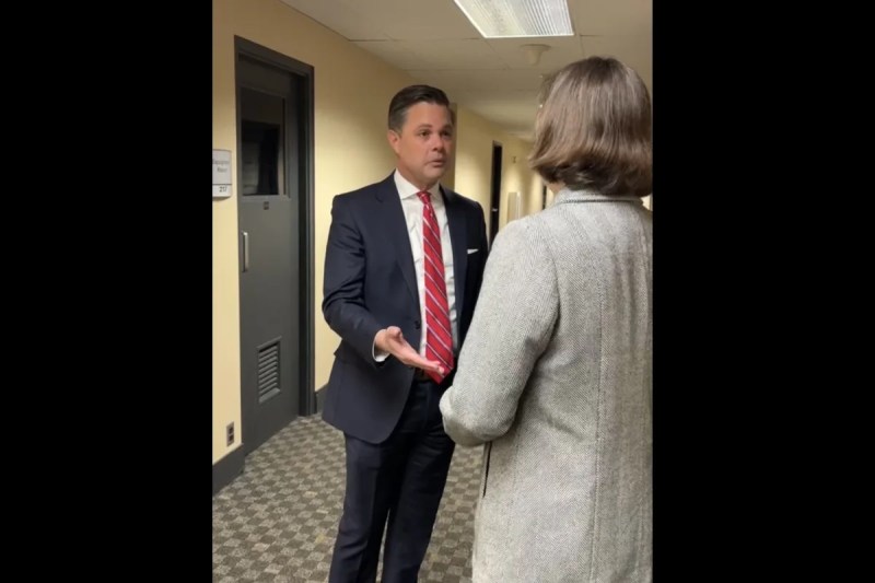 Rep. Zach Nunn (R-Iowa) and Laura Packard, a health-care activist and cancer survivor, discuss the Affordable Care Act in March 2024. (Photo submitted)