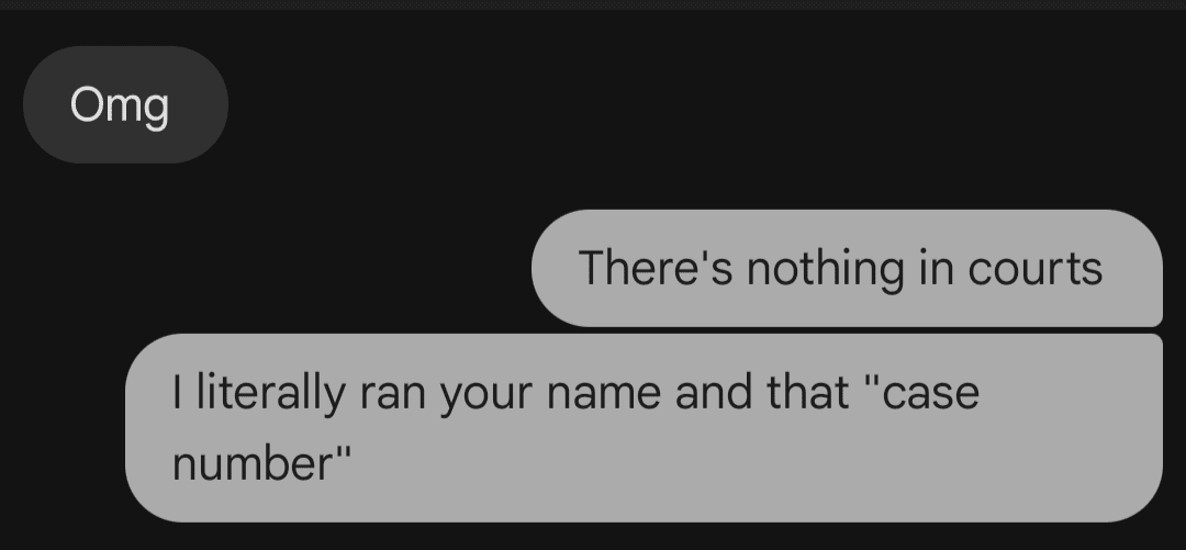 Screenshot of text thread between Adriana and Ty during a scam call from someone else