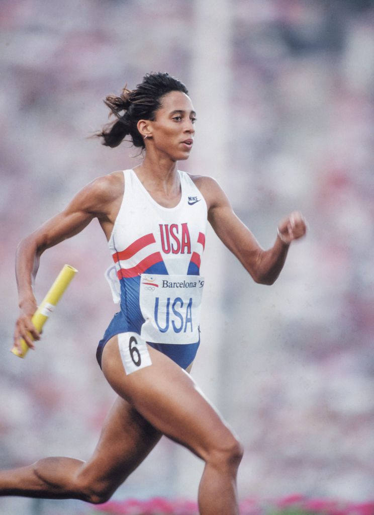 BARCELONA, SPAIN - AUGUST 7: Natasha Kaiser-Brown of the USA runs in the Women's 4 x 400 meters relay race at the 1992 Summer Olympics at Montjuic Stadium on August 7, 1992 in Barcelona, Spain. (Photo by David Madison/Getty Images)