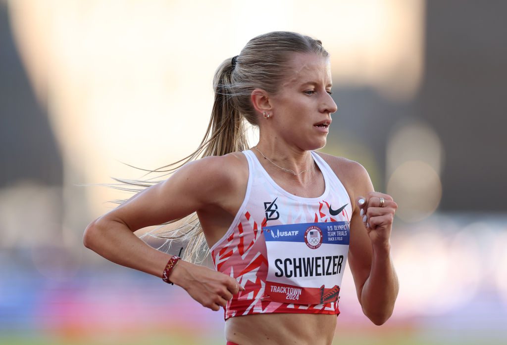 EUGENE, OREGON - JUNE 24: Karissa Schweizer competes in the women's 5000 meter final on Day Four of the 2024 U.S. Olympic Team Track & Field Trials at Hayward Field on June 24, 2024 in Eugene, Oregon. (Photo by Patrick Smith/Getty Images)