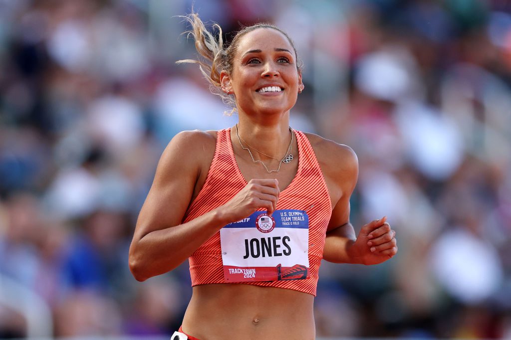 EUGENE, OREGON - JUNE 28: Lolo Jones reacts after competing in the first round of the women's 100 meter hurdles on Day Eight of the 2024 U.S. Olympic Team Track & Field Trials at Hayward Field on June 28, 2024 in Eugene, Oregon. (Photo by Patrick Smith/Getty Images)