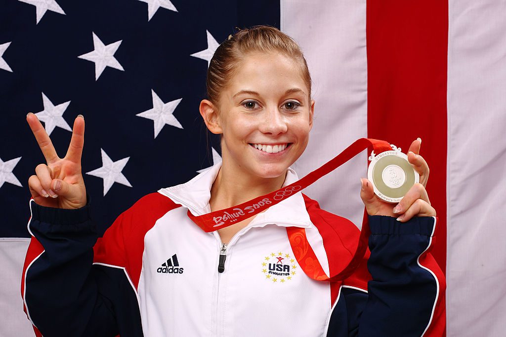 BEIJING - AUGUST 15: Shawn Johnson of the United States poses with her silver medal after placing second in the Women's all around Gymnastics event in the NBC Today Show Studio at the Beijing 2008 Olympic Games on August 15, 2008 in Beijing, China. (Photo by Kristian Dowling/Getty Images)