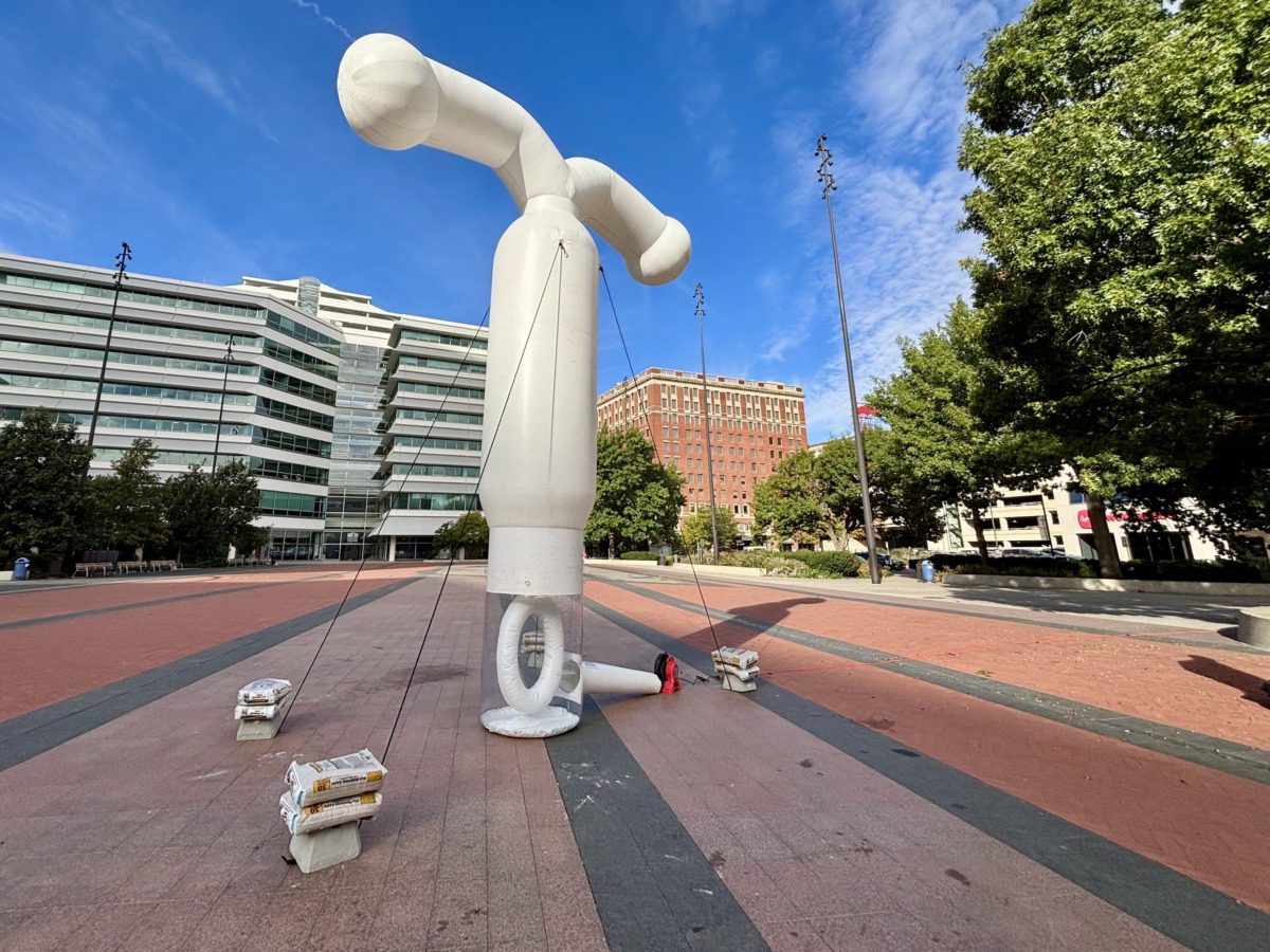 A 20-foot-tall inflatable IUD stands in Des Moines. It belongs to Americans for Contraception which is trying to raise awareness around the need for federal protections for contraception access.