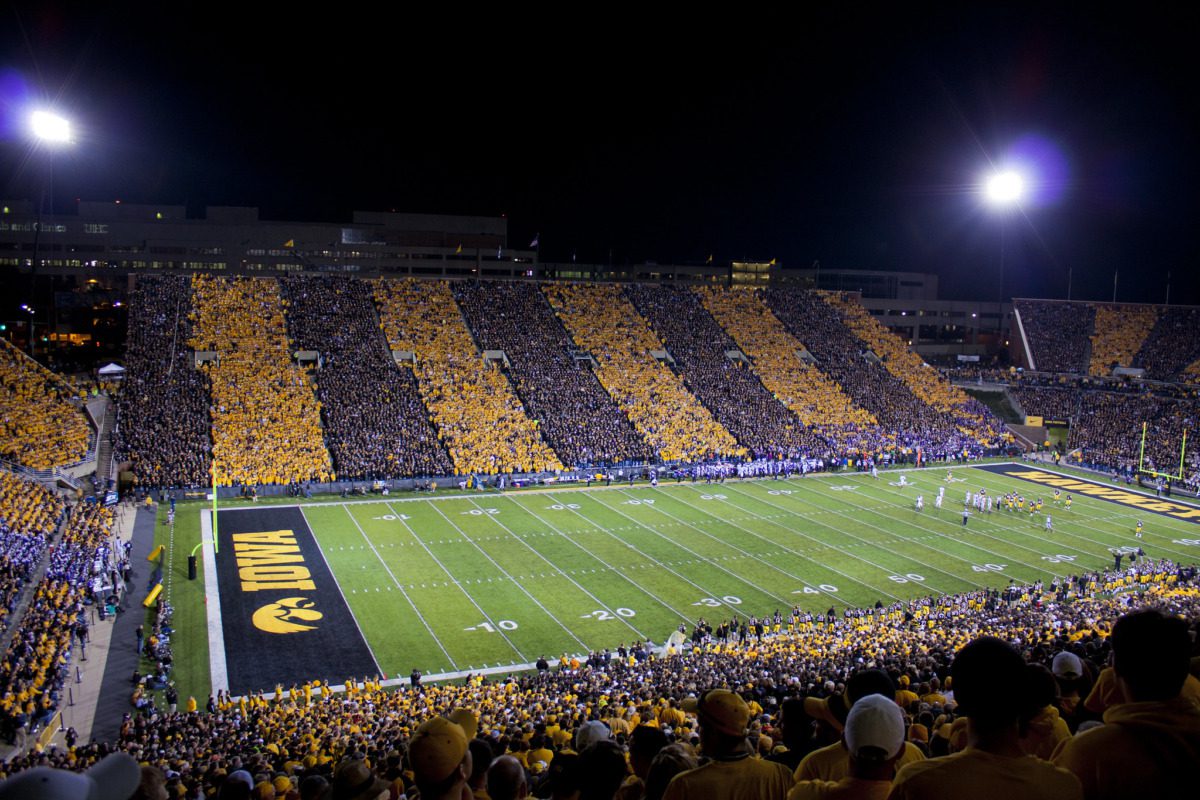 Iowa football field at night.