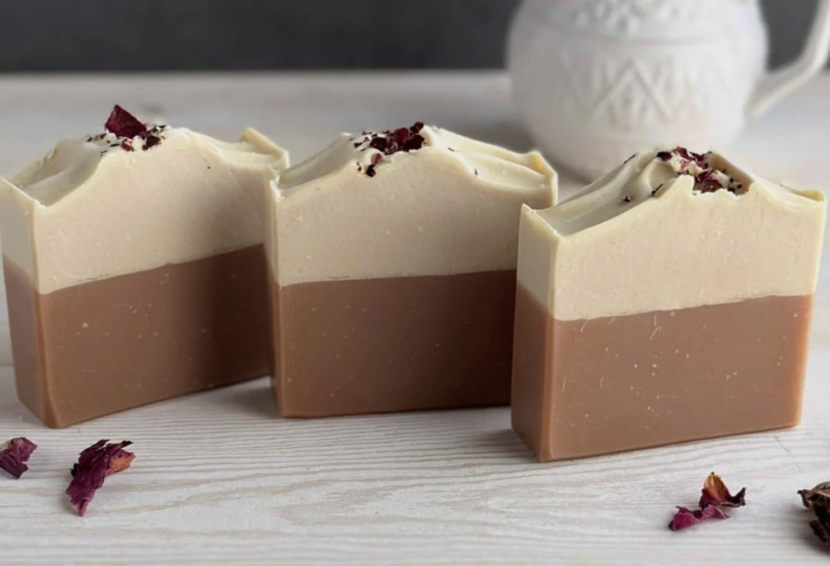 three bars of Ember Tree Artisan Soap’s Coconut Milk & Rose soap 