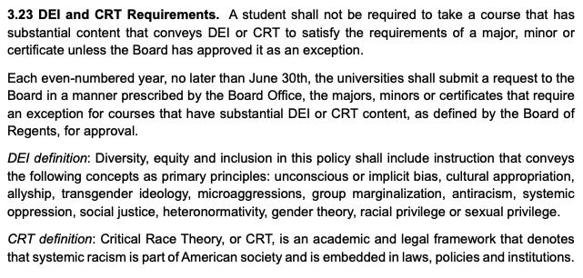 A screenshot of the Iowa Board of Regents proposal banning courses that refer to certain concepts they consider to be unfair to white people.