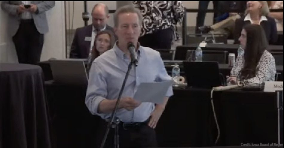 Christopher Martin, president of United Faculty, the faculty union of the University of Northern Iowa, speaks to the Iowa Board of Regents at their June 11, 2025, meeting in Iowa City.
