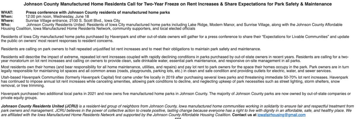 Screenshot of press release from the tenants union about unveiling their demands, June 18, 2025.