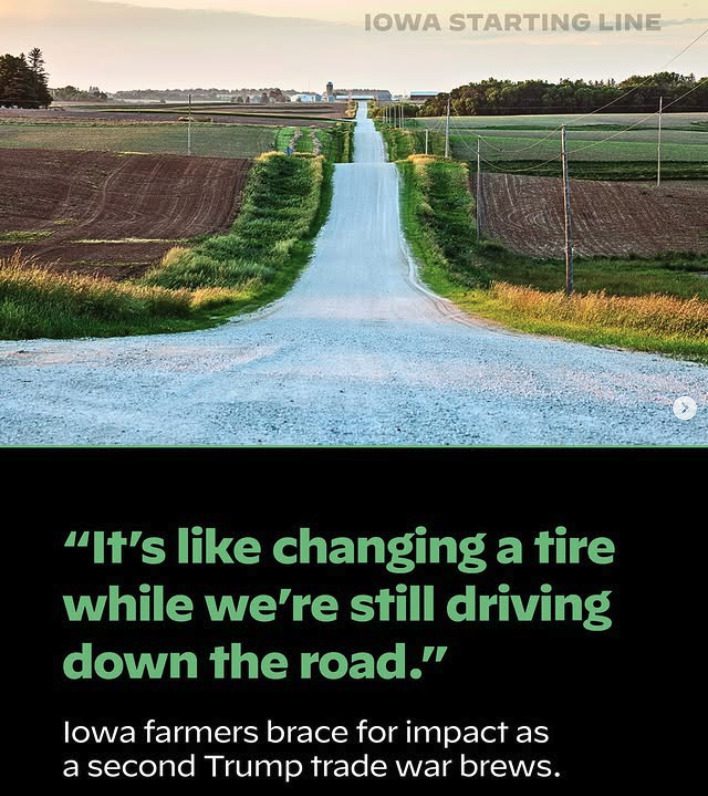 An image of a gravel road cutting between two farm fields on either side with the quote, "It's like changing a tire while we're still driving down the road."