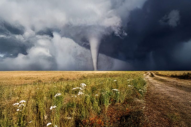 a tornado approaches a flat yellow field