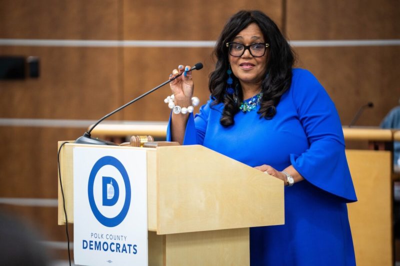 Renee Hardman speaks to the crowd as Polk County Democrats hold a nominating convention for Senate District 16 on Oct. 21, 2025, in West Des Moines. (Cody Scanlan/The Register via Reuters Connect)