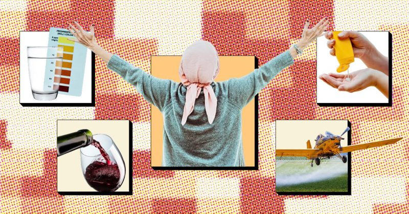 Iowa Starting Line graphic focused on cancer in Iowa featuring five images: a water glass with a nitrate test strip, a bottle of wine pouring into a wine glass, a person wearing a head scarf with their hands raised, a pair of hands squirting sunscreen, and a plane spraying chemicals onto a field.