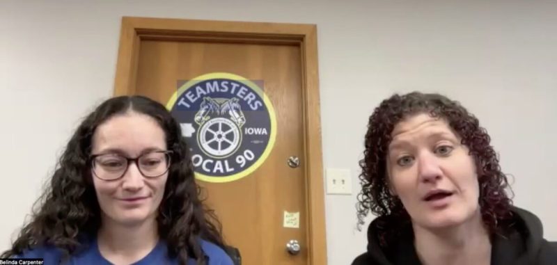 Belinda Carpenter, left, and Whitney Armstrong, right, appear in a screenshot from a video call with Iowa Starting Line’s Amie Rivers. Both are registered nurses at UnityPoint hospitals in the Des Moines area and helped organize 1,776 nurses across four hospitals. (Amie Rivers/Iowa Starting Line)
