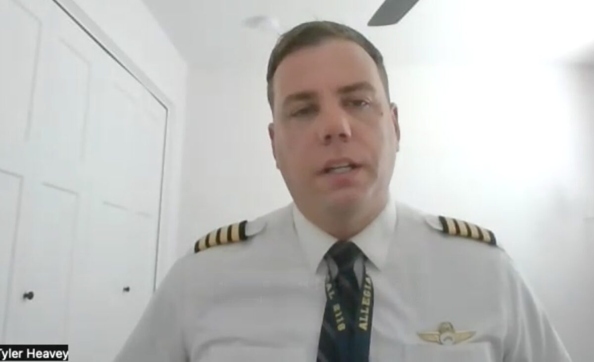 Tyler Heavey, a captain for Allegiant Airlines based in Des Moines, appears in a screenshot from a video call with Iowa Starting Line’s Amie Rivers. (Amie Rivers/Iowa Starting Line)