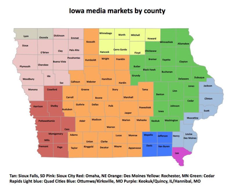 Iowa's media markets depicted by their region.