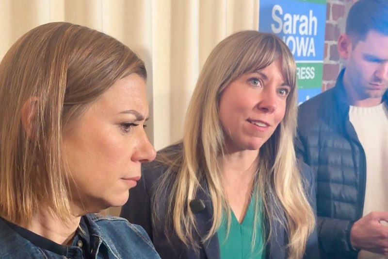 Democratic candidate Sarah Trone Garriott and US Sen. Elissa Slotkin of Michigan answer questions during a press conference.
